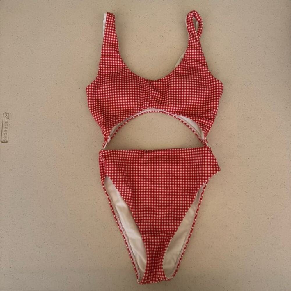 L.A Hearts One-Piece Swimsuit Women’s XS Red White Gingham Check Cut-Out Straps